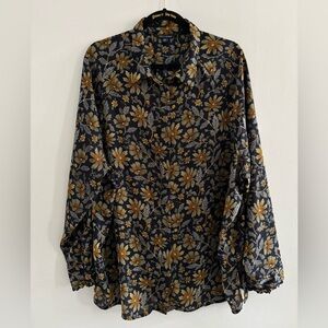 Tommy Hilfiger Navy Floral Button Sheer Blouse Mustard Flowers Ruffle Sleeve XL